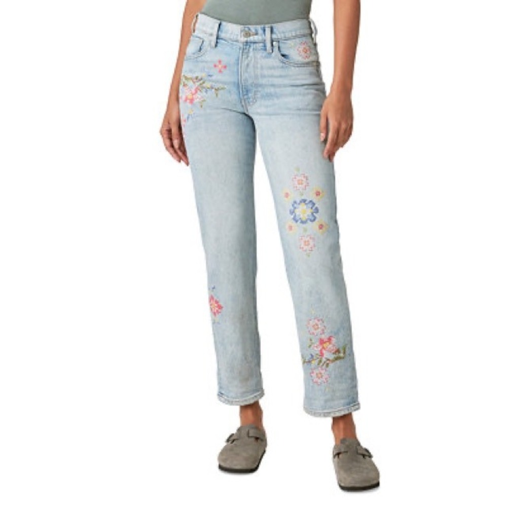 Lucky Brand Boy Mid Rise Relaxed Straight Embroidered Floral Jeans Light Wash 8 - Picture 3 of 11